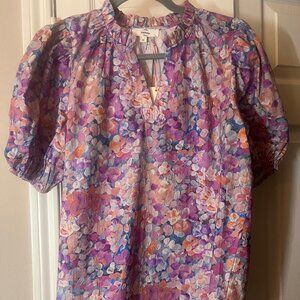 NWT Women's Entro Floral Blouse - Puff Sleeves Ruffle Neck Multicolor - Medium